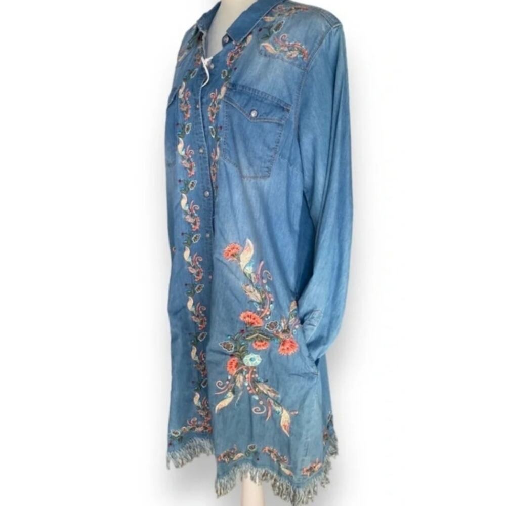 Grace in LA Light Blue Embroidered Denim Long Sleeve Shirt Dress M - Picture 2 of 11